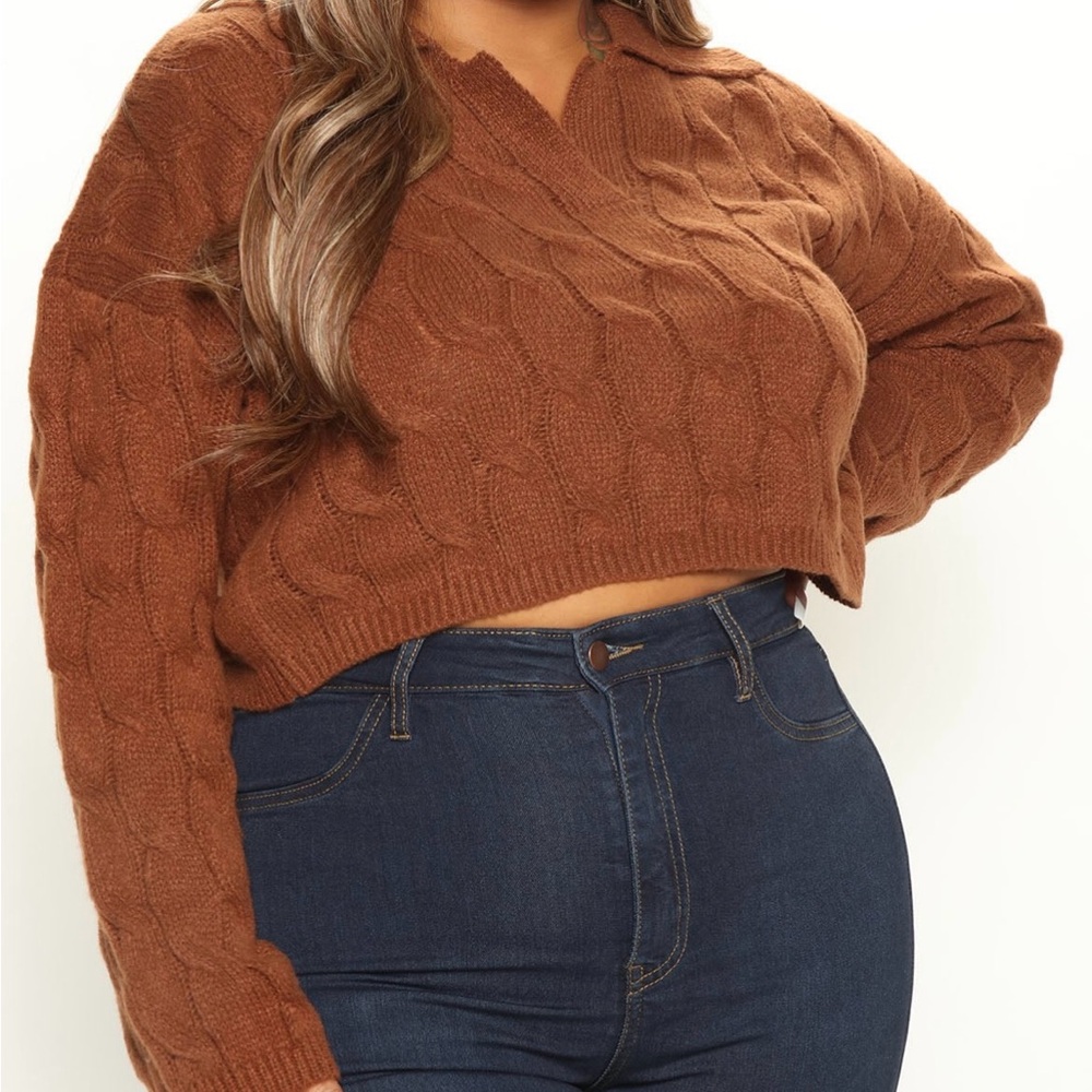 Fashion Nova V-Neck Cable Knit Sweater in Rich Brown